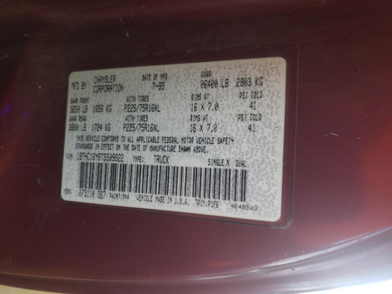 Photo 10 from auction – 1996 DODGE RAM 1500 with VIN 1B7HC16Y6TS509922