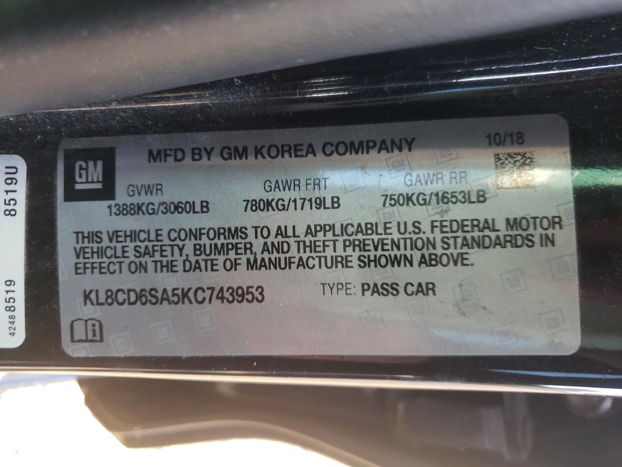 Photo 10 from auction – 2019 CHEVROLET SPARK 1LT with VIN KL8CD6SA5KC743953