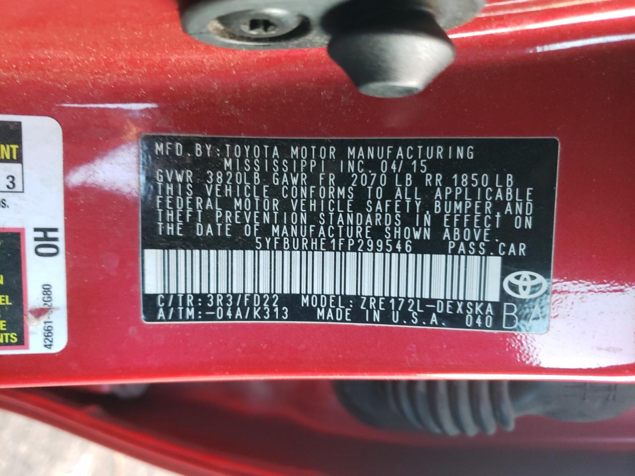 Photo 10 from auction – 2015 TOYOTA COROLLA L with VIN 5YFBURHE1FP299546