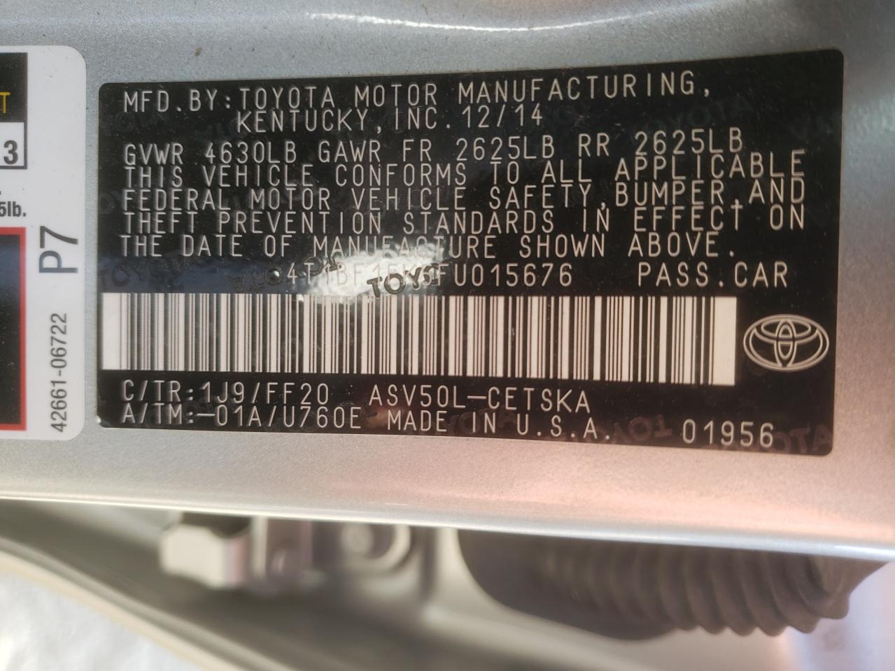 Photo 10 from auction – 2015 TOYOTA CAMRY LE with VIN 4T1BF1FK5FU015676