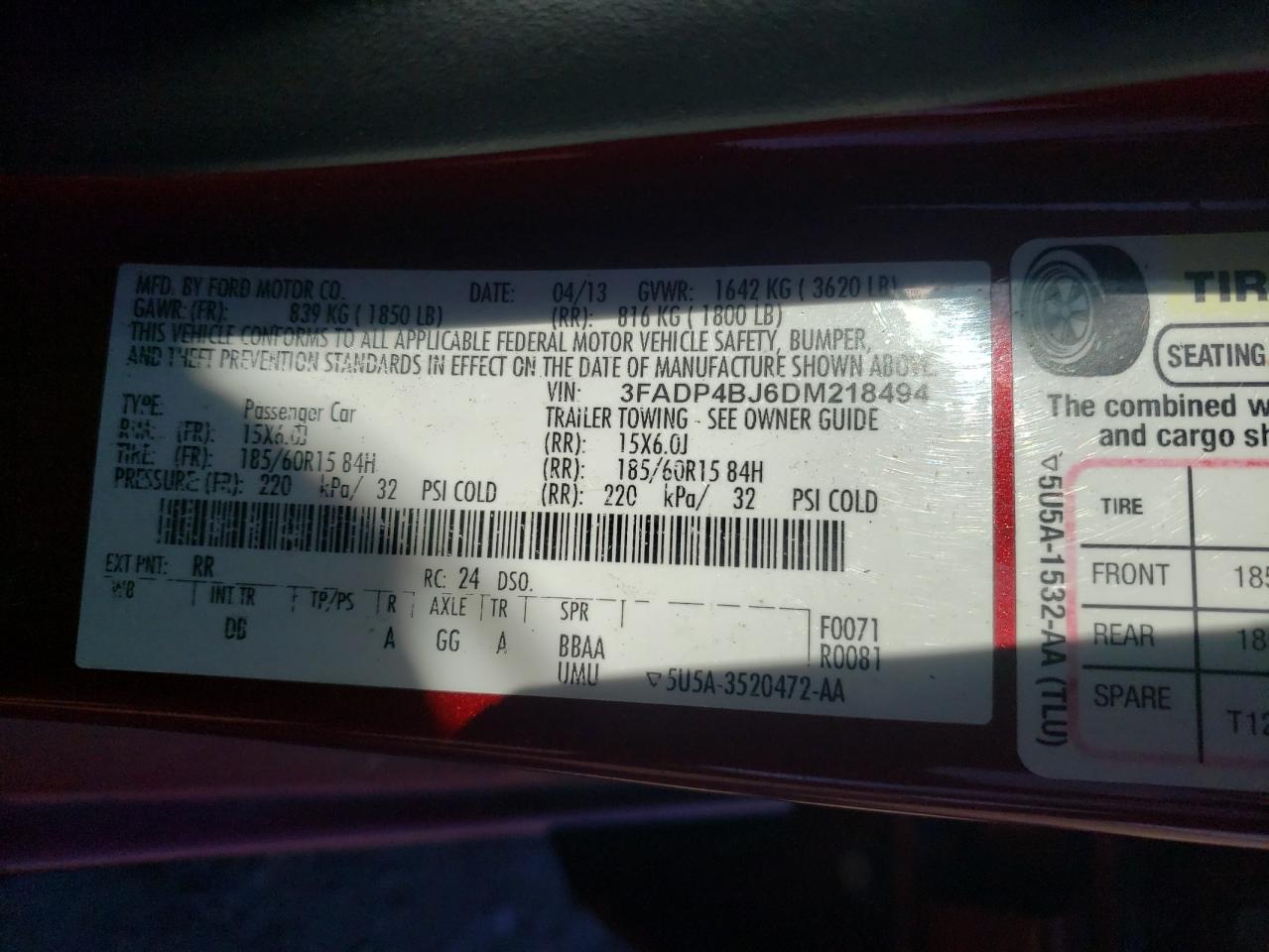 Photo 10 from auction – 2013 FORD FIESTA with VIN 3FADP4BJ6DM218494