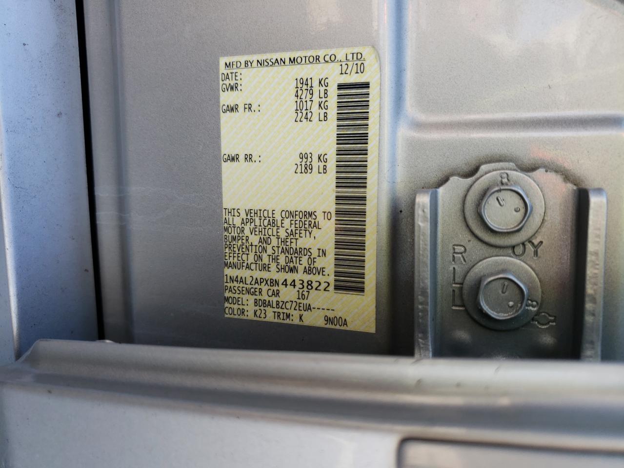 Photo 10 from auction – 2011 NISSAN ALTIMA BAS with VIN 1N4AL2APXBN443822