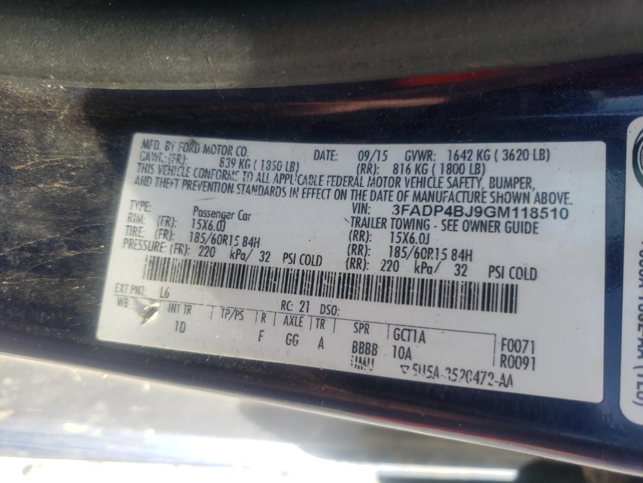Photo 10 from auction – 2016 FORD FIESTA SE with VIN 3FADP4BJ9GM118510
