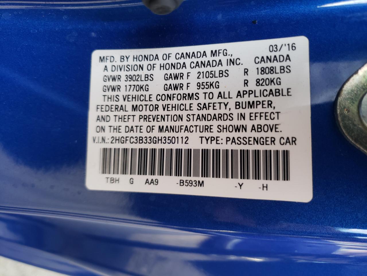 Photo 10 from auction – 2016 HONDA CIVIC EX with VIN 2HGFC3B33GH350112