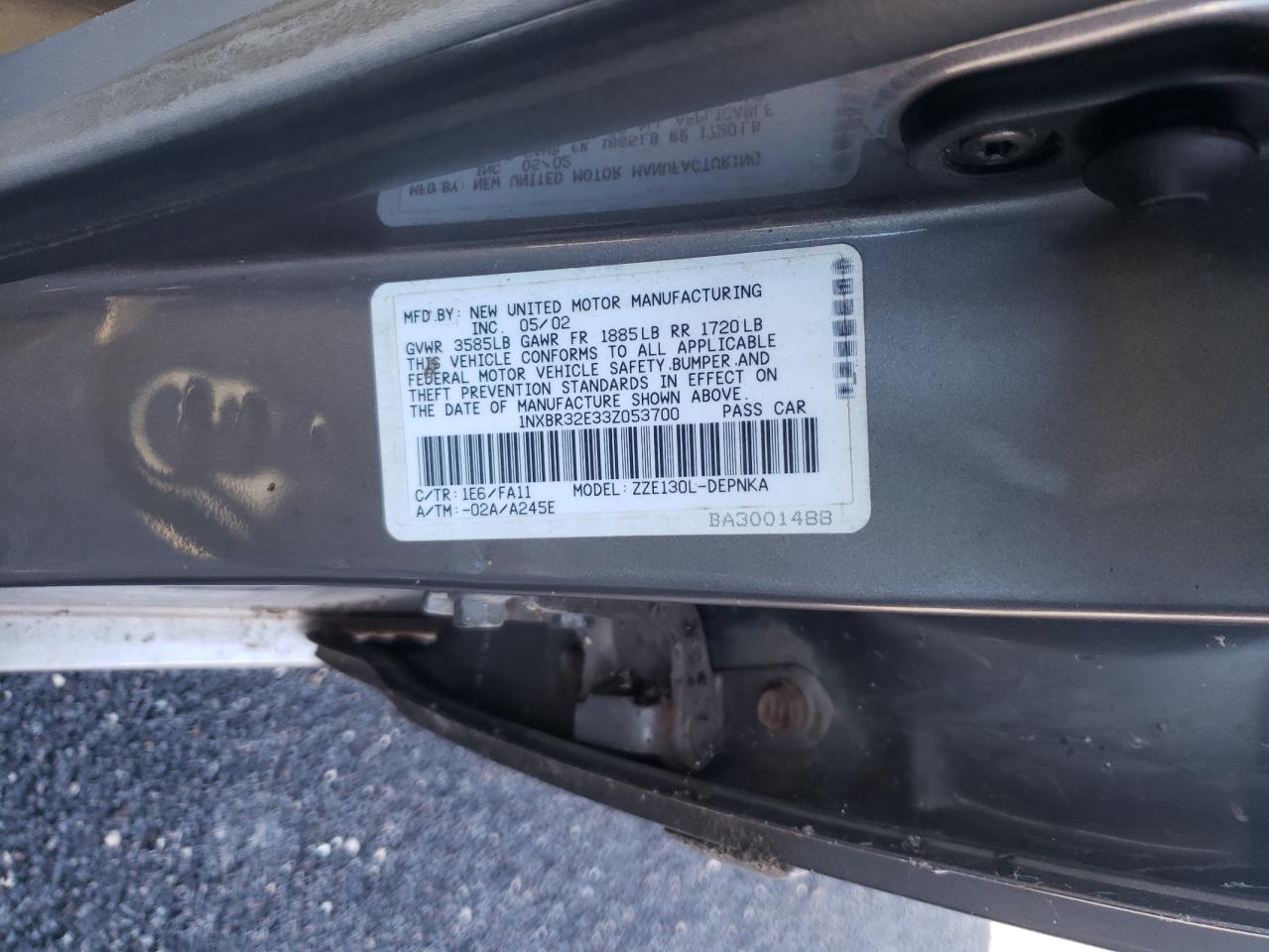 Photo 10 from auction – 2003 TOYOTA COROLLA CE with VIN 1NXBR32E33Z053700