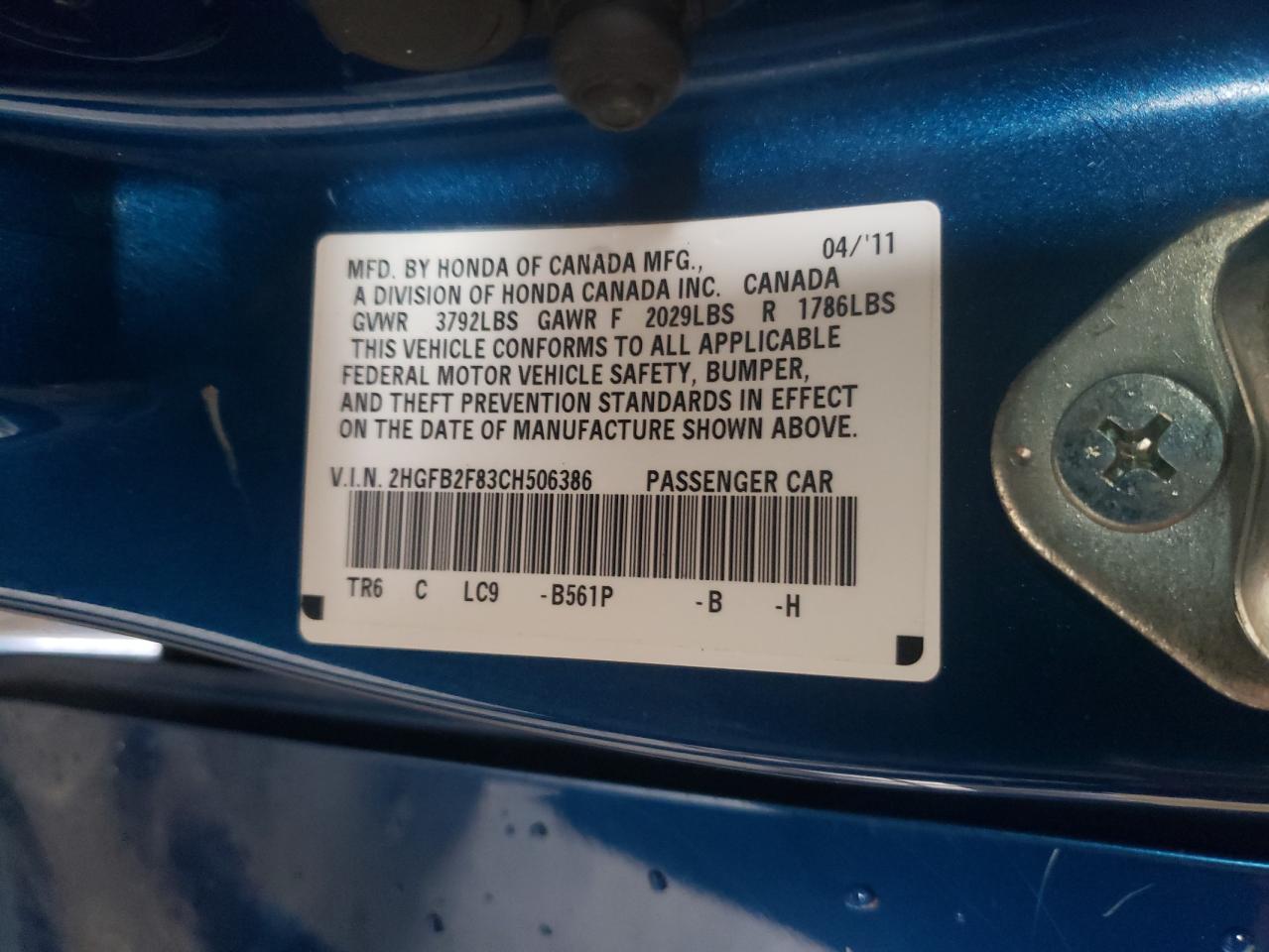 Photo 10 from auction – 2012 HONDA CIVIC EX with VIN 2HGFB2F83CH506386