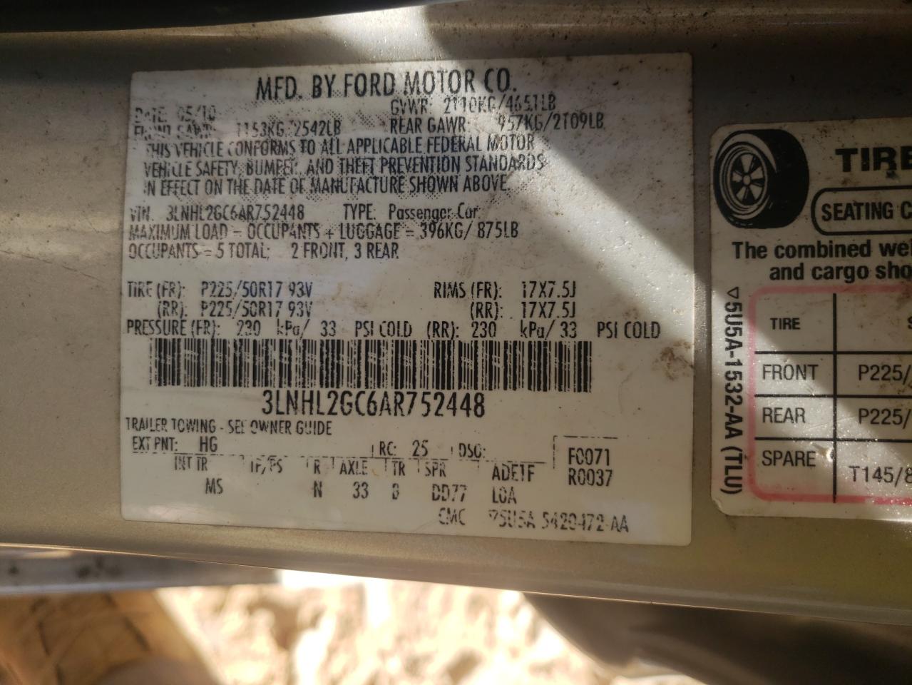 Photo 10 from auction – 2010 LINCOLN MKZ with VIN 3LNHL2GC6AR752448