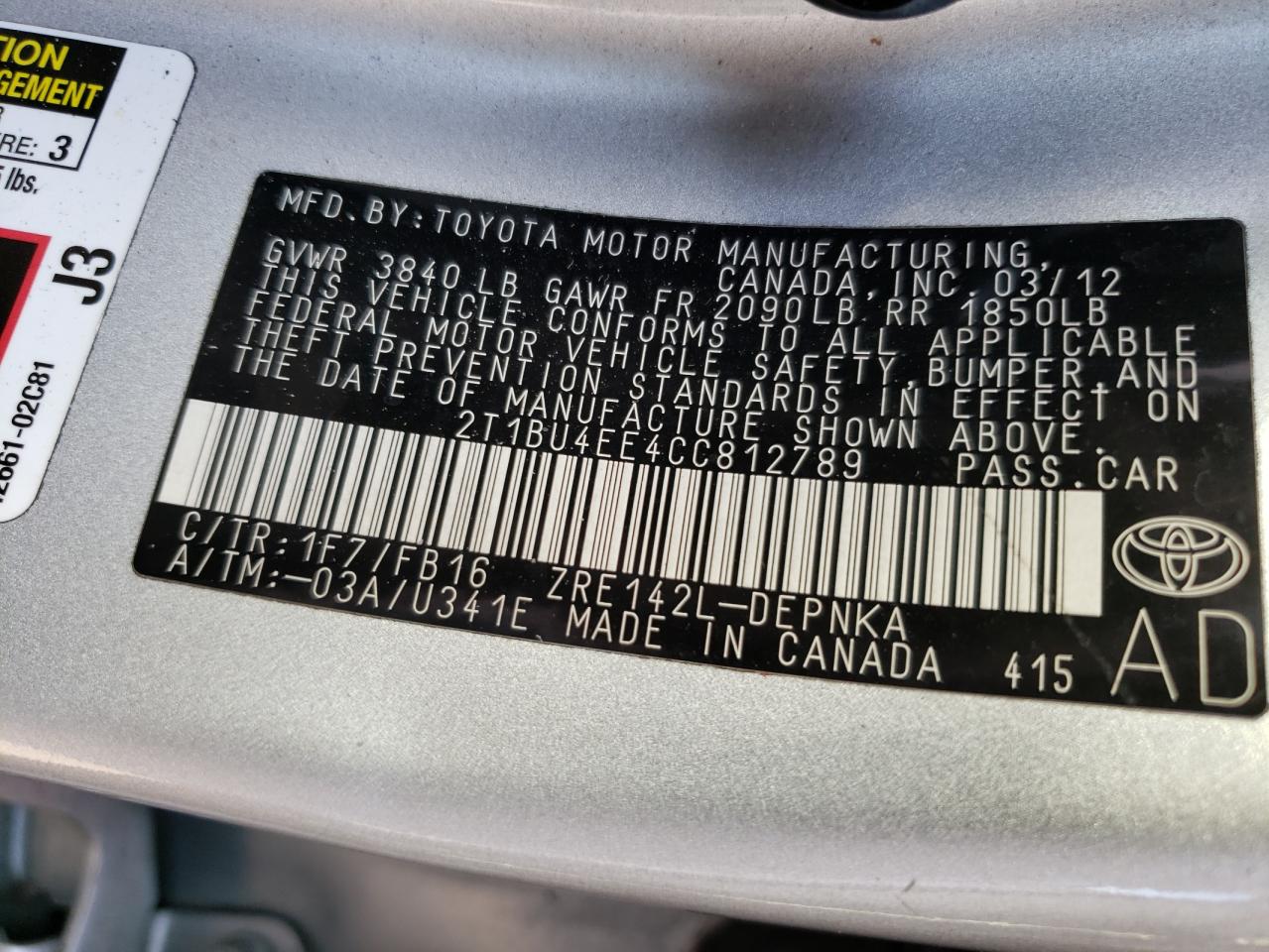 Photo 10 from auction – 2012 TOYOTA COROLLA BA with VIN 2T1BU4EE4CC812789