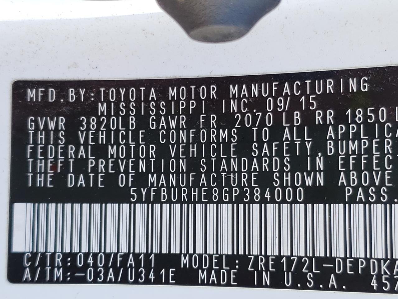 Photo 10 from auction – 2016 TOYOTA COROLLA L with VIN 5YFBURHE8GP384000
