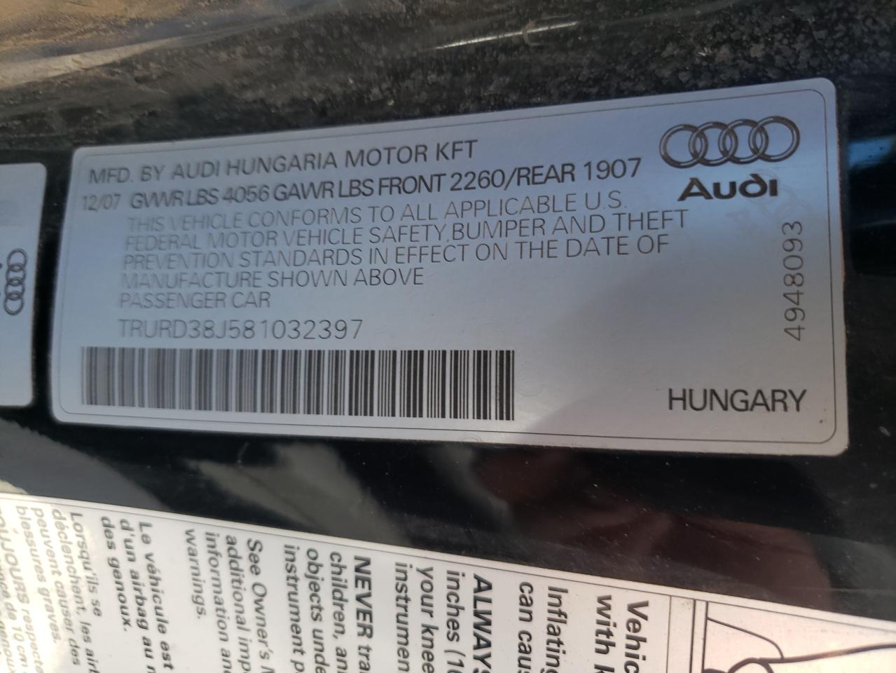 Photo 10 from auction – 2008 AUDI TT 3.2 QUA with VIN TRURD38J581032397