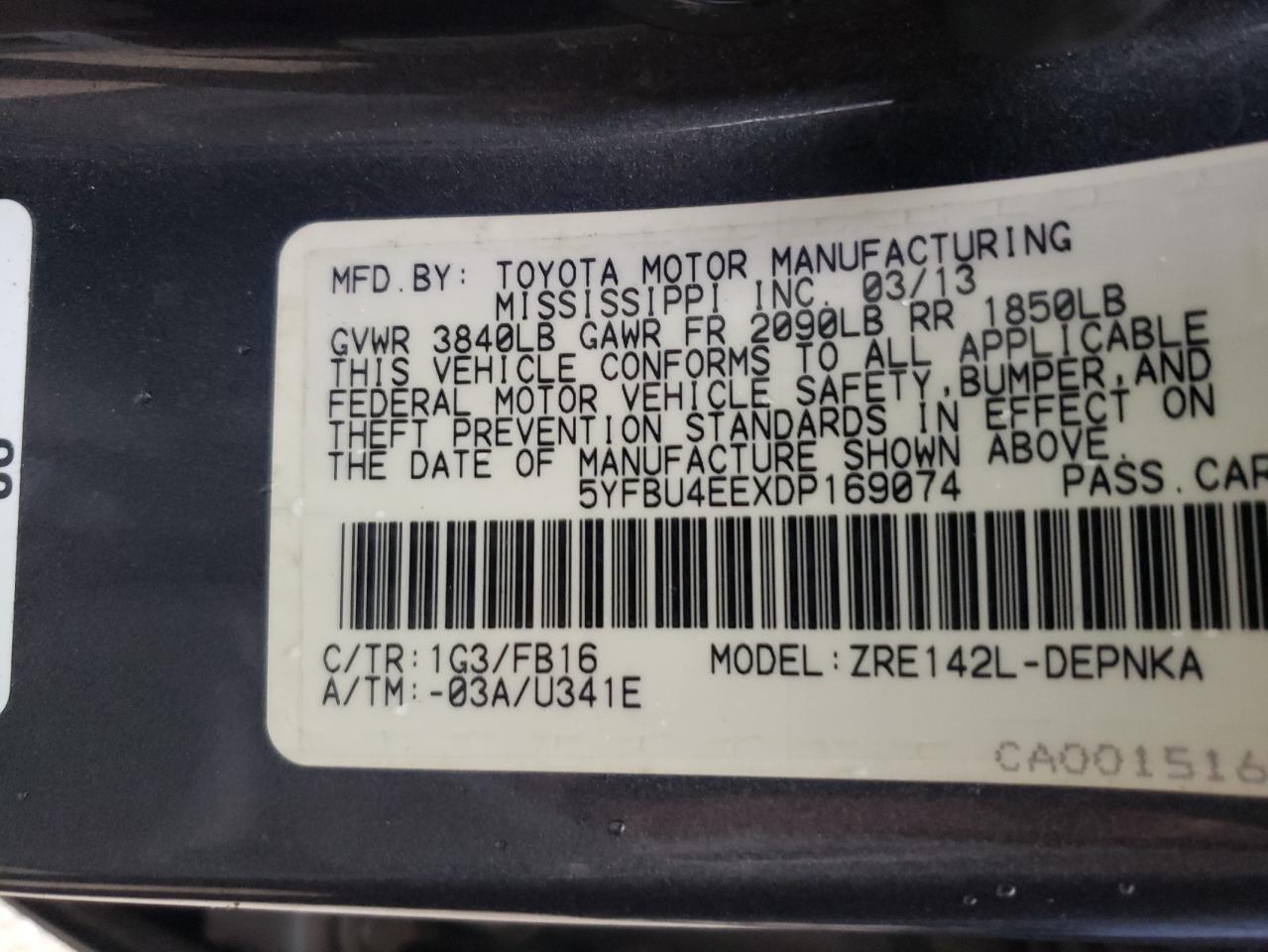 Photo 10 from auction – 2013 TOYOTA COROLLA BA with VIN 5YFBU4EEXDP169074