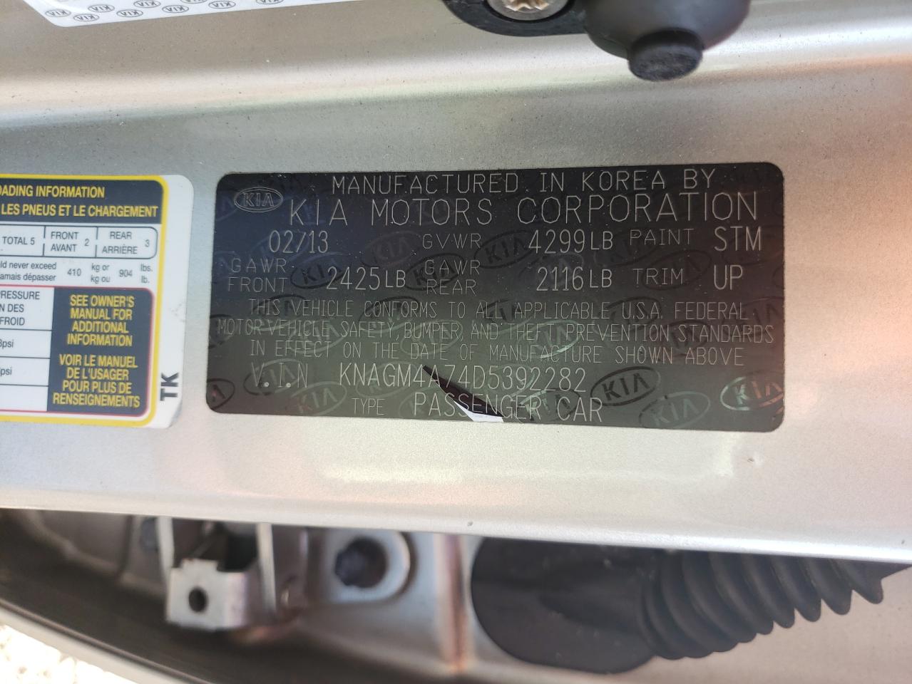 Zdjęcie 10 z aukcji – 2013 KIA OPTIMA LX z VIN KNAGM4A74D5392282