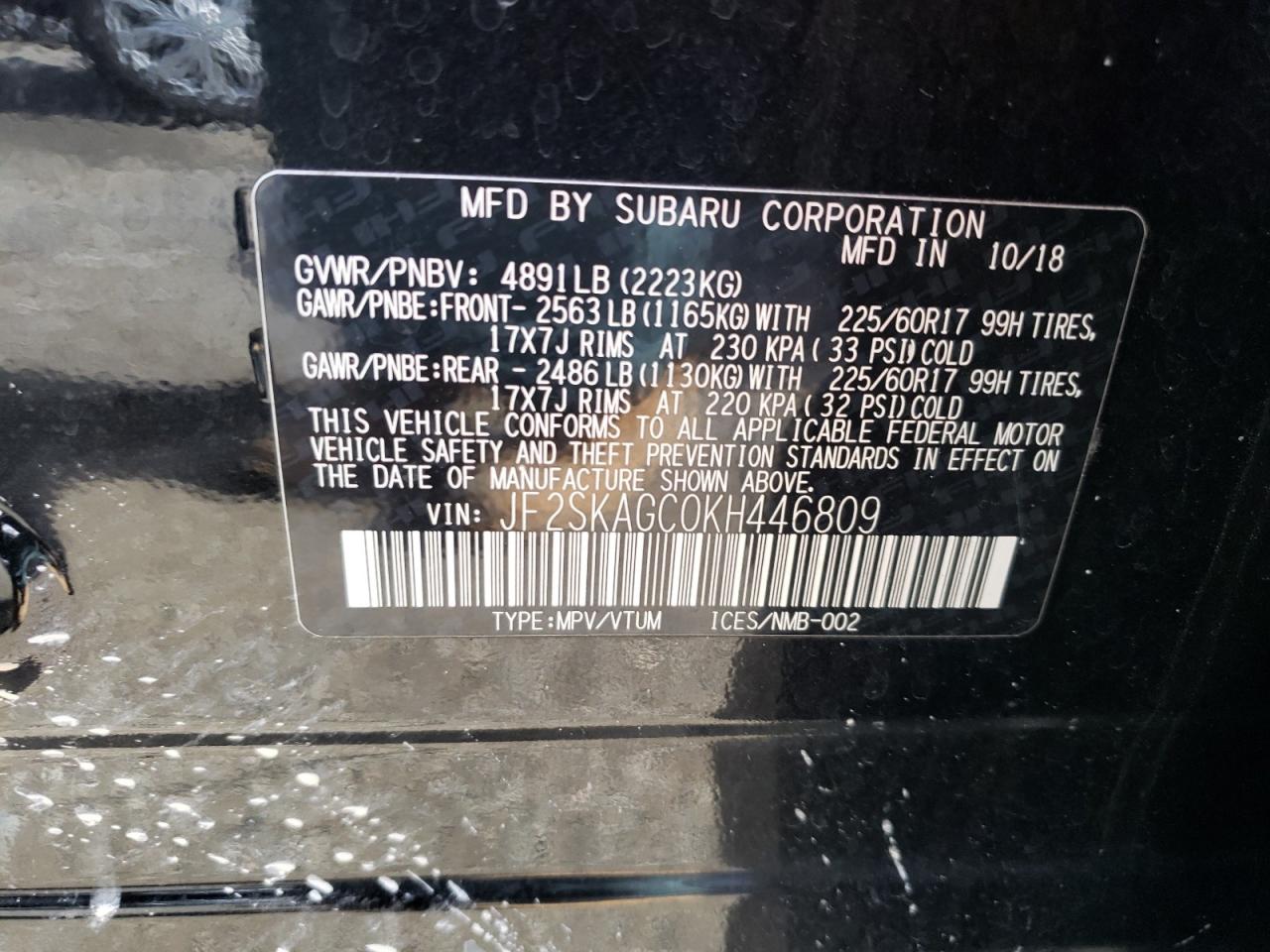 Photo 10 from auction – 2019 SUBARU FORESTER P with VIN JF2SKAGC0KH446809