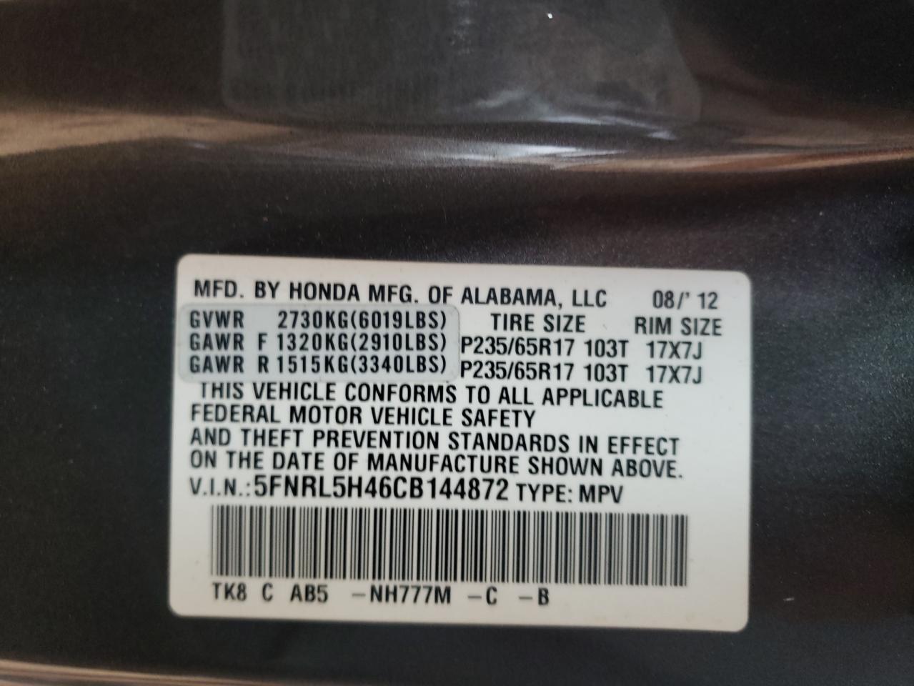 Photo 10 from auction – 2012 HONDA ODYSSEY EX with VIN 5FNRL5H46CB144872