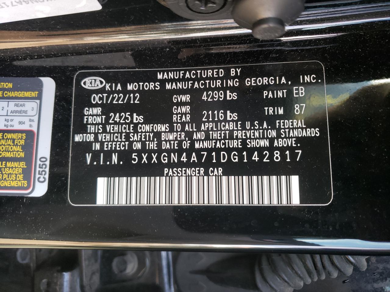 Photo 10 from auction – 2013 KIA OPTIMA EX with VIN 5XXGN4A71DG142817