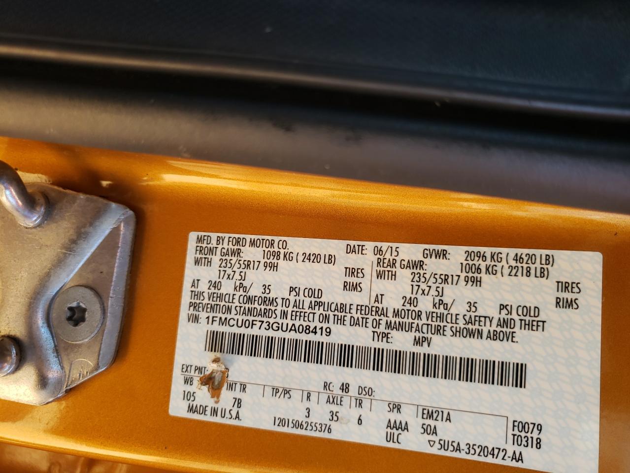 Photo 10 from auction – 2016 FORD ESCAPE S with VIN 1FMCU0F73GUA08419