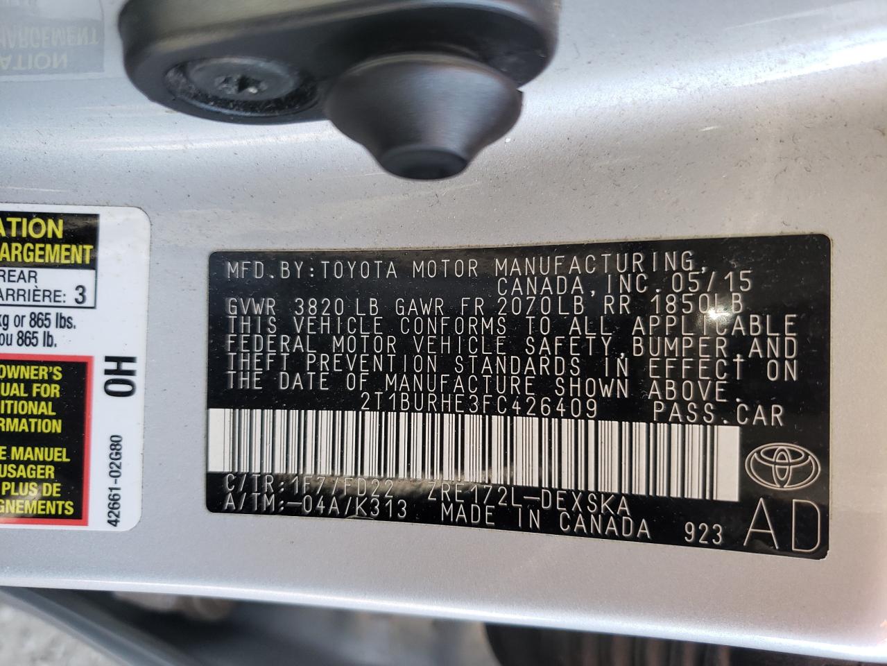 Photo 10 from auction – 2015 TOYOTA COROLLA L with VIN 2T1BURHE3FC426409