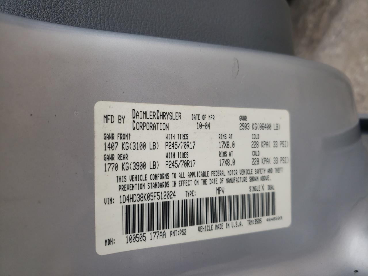 Photo 10 from auction – 2005 DODGE DURANGO ST with VIN 1D4HD38K05F512024