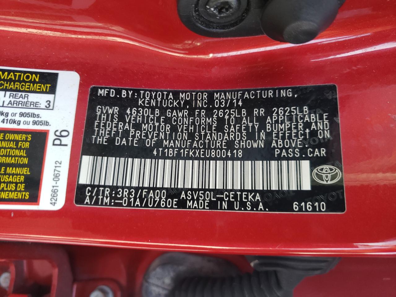 Photo 10 from auction – 2014 TOYOTA CAMRY L with VIN 4T1BF1FKXEU800418