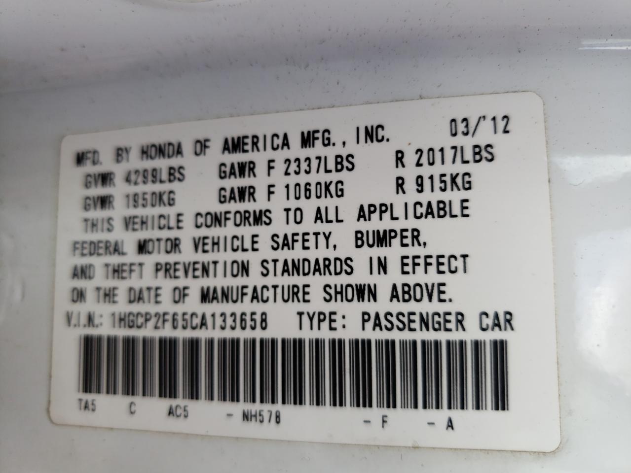 Photo 10 from auction – 2012 HONDA ACCORD SE with VIN 1HGCP2F65CA133658