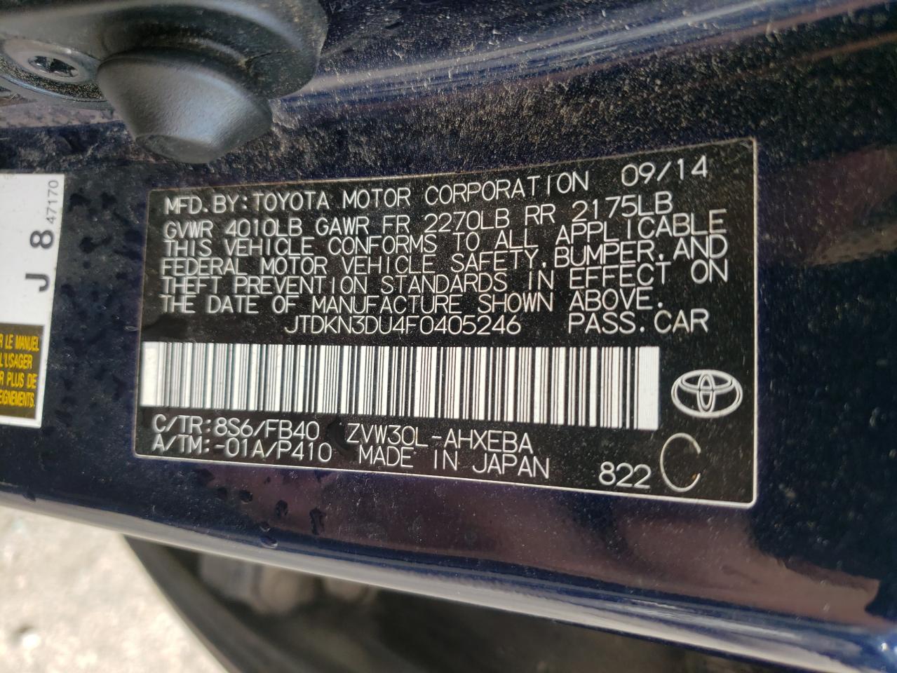 Zdjęcie 10 z aukcji – 2015 TOYOTA PRIUS z VIN JTDKN3DU4F0405246