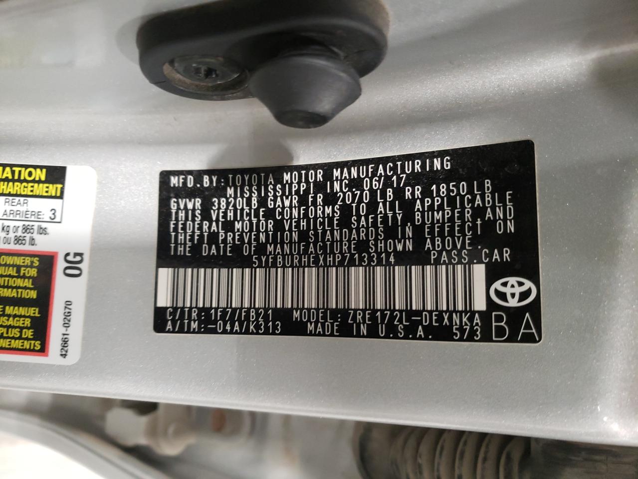 صورة رقم 10 من المزاد - 2017 TOYOTA COROLLA L مع VIN 5YFBURHEXHP713314