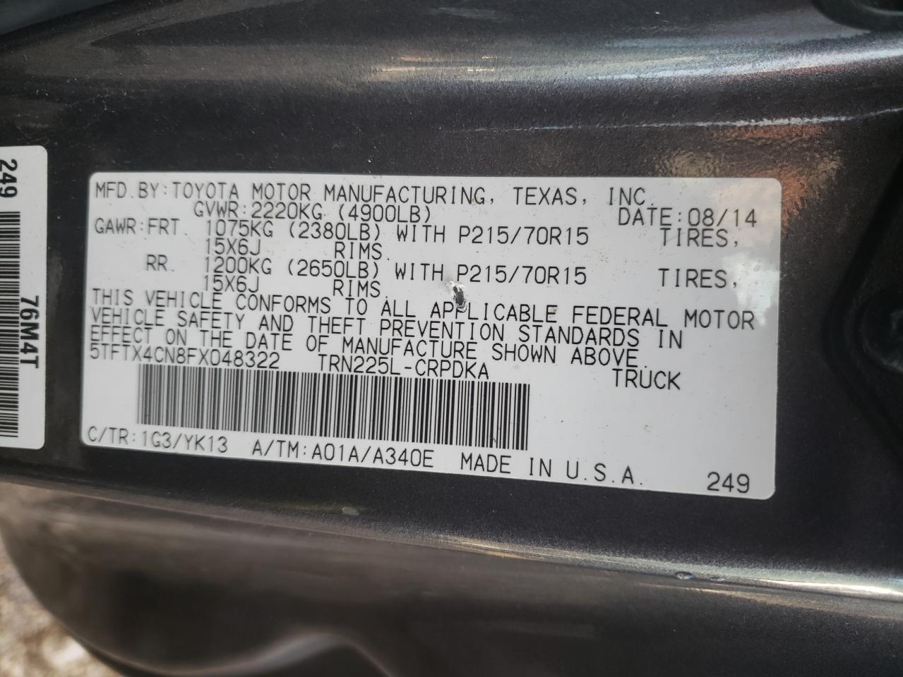 Photo 10 from auction – 2015 TOYOTA TACOMA with VIN 5TFTX4CN8FX048322
