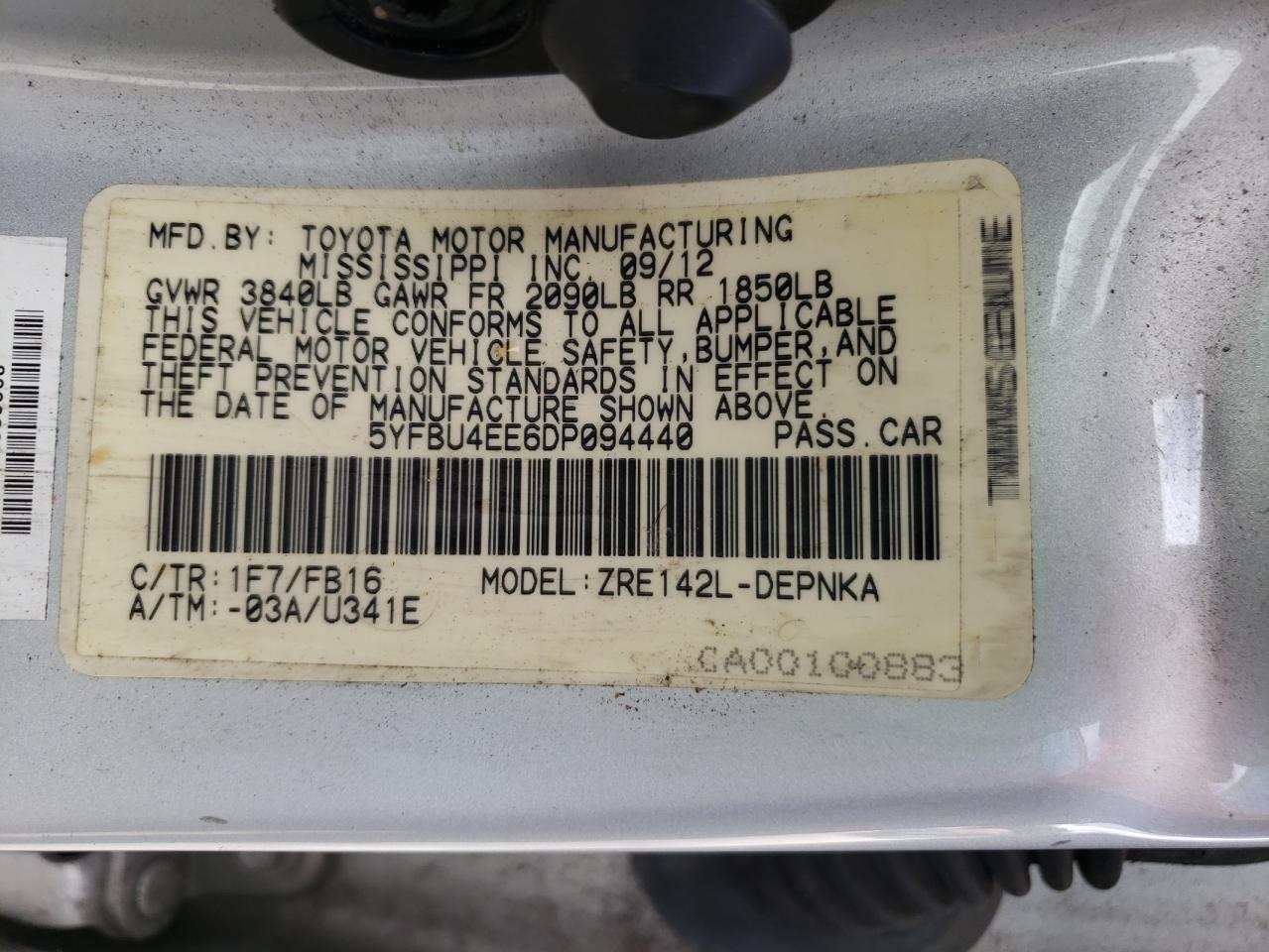 Photo 10 from auction – 2013 TOYOTA COROLLA BA with VIN 5YFBU4EE6DP094440