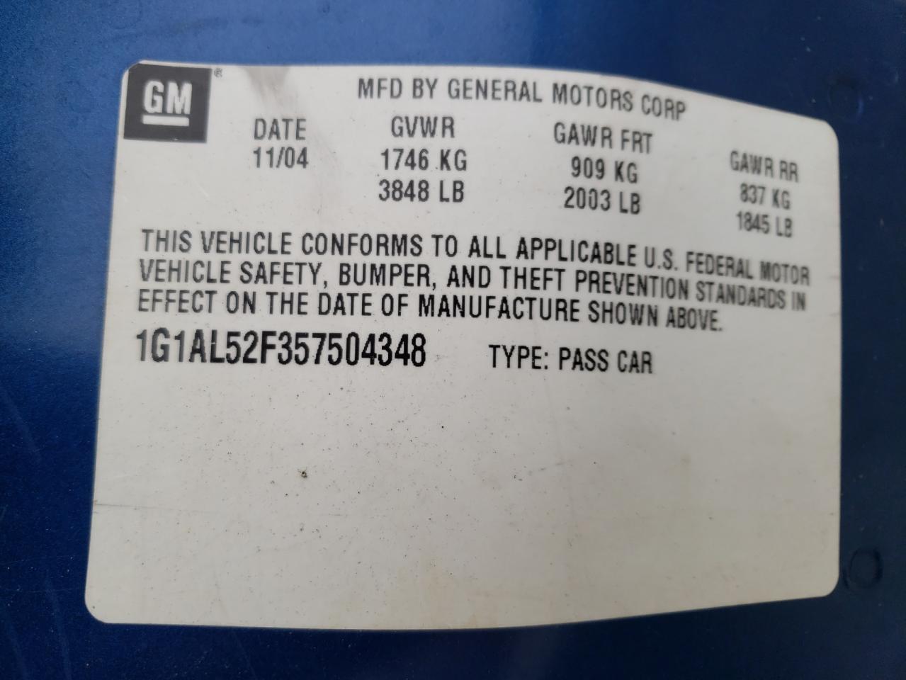 Photo 10 from auction – 2005 CHEVROLET COBALT LS with VIN 1G1AL52F357504348