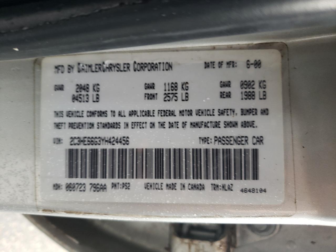 Photo 10 from auction – 2000 CHRYSLER 300M with VIN 2C3HE66G3YH424456