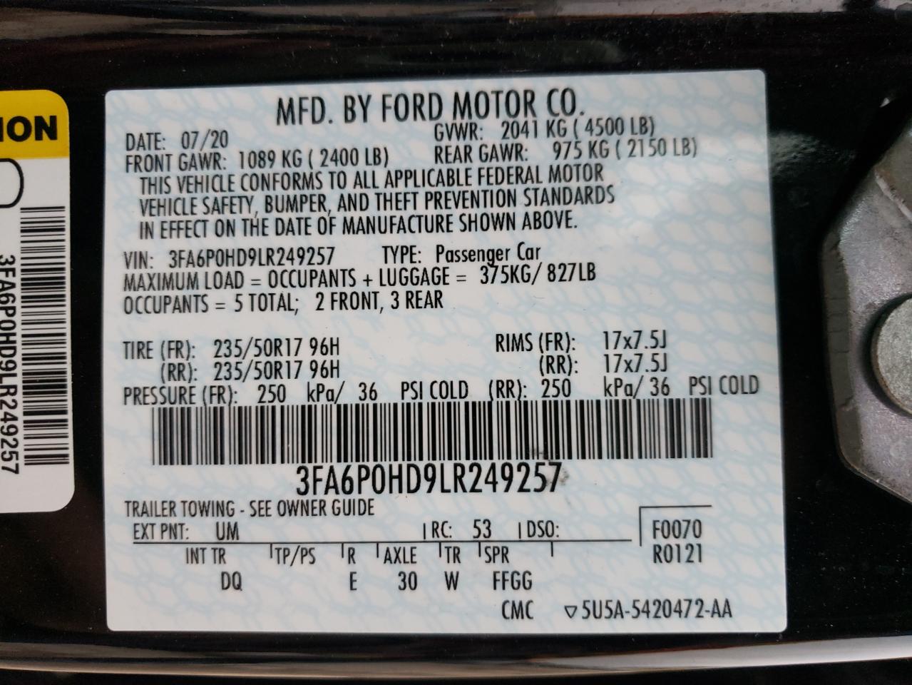 Photo 10 from auction – 2020 FORD FUSION SE with VIN 3FA6P0HD9LR249257