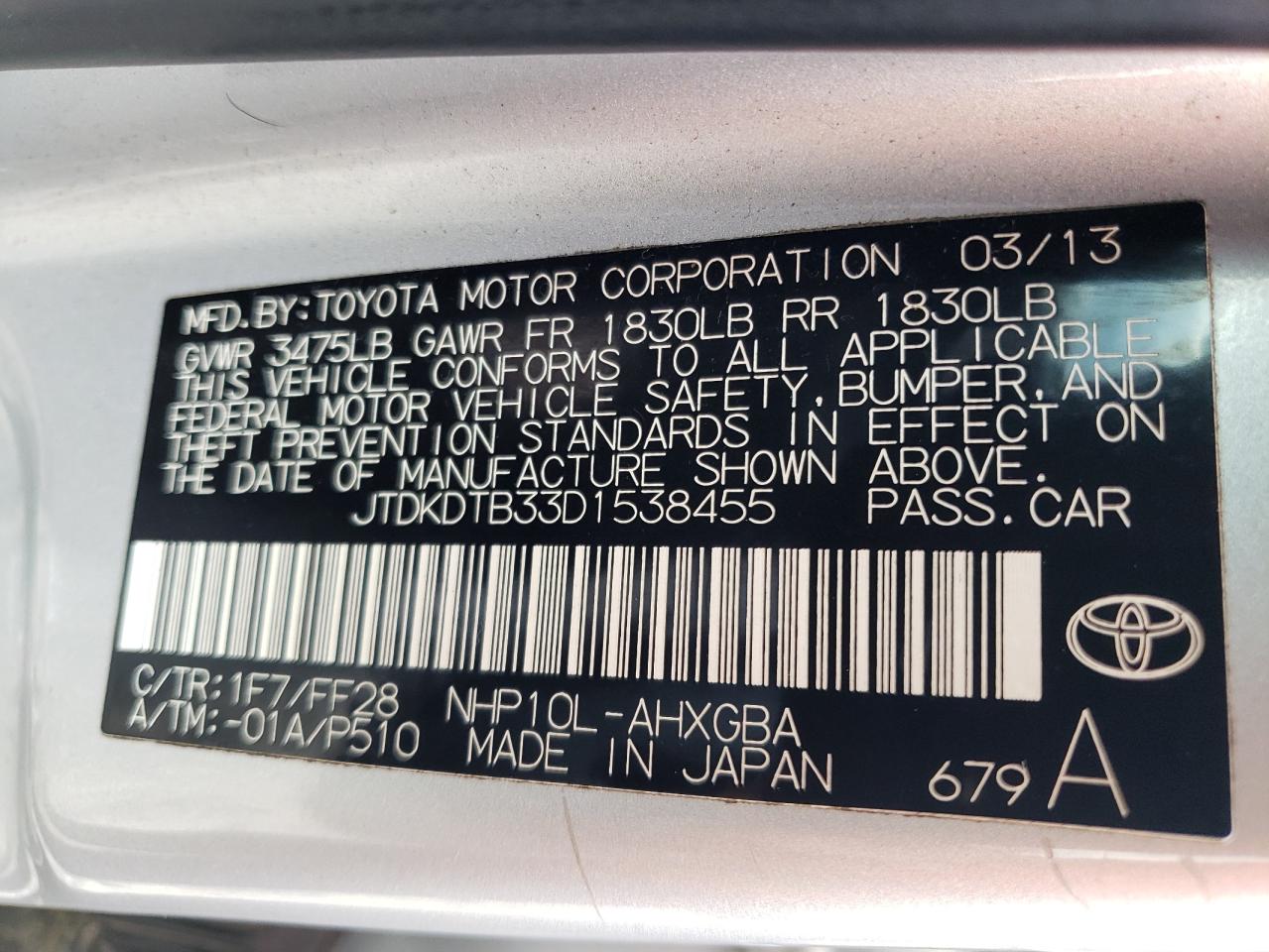 Photo 10 from auction – 2013 TOYOTA PRIUS C with VIN JTDKDTB33D1538455