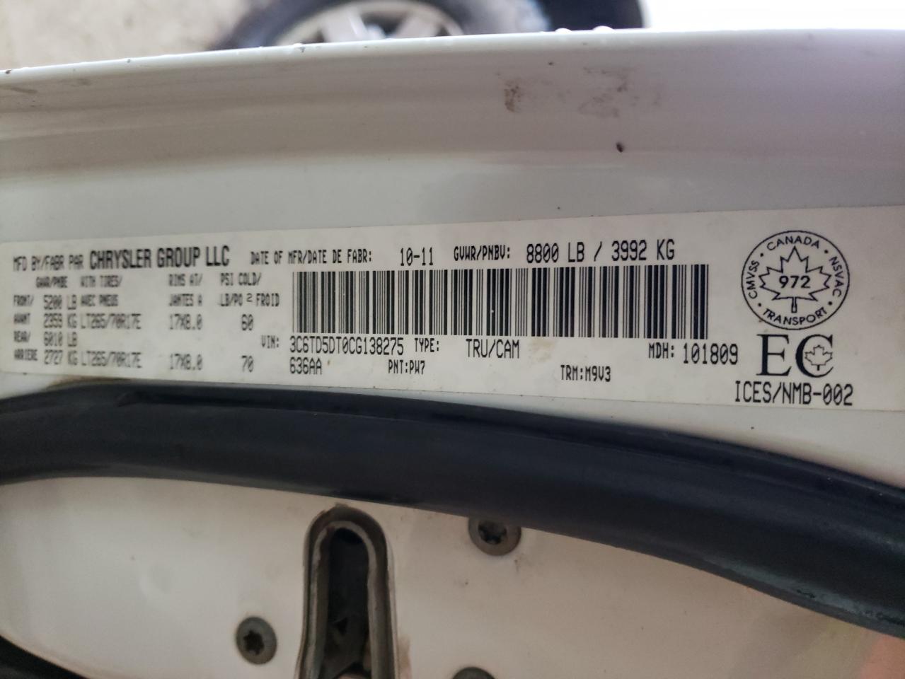 Photo 10 from auction – 2012 DODGE RAM 2500 S with VIN 3C6TD5DT0CG138275