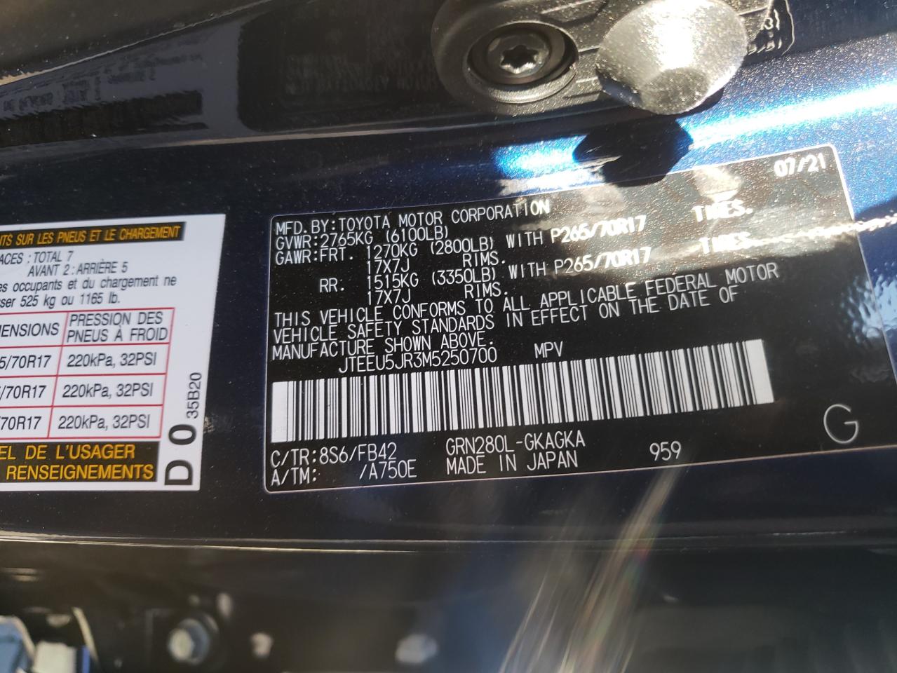 Photo 10 from auction – 2021 TOYOTA 4RUNNER SR with VIN JTEEU5JR3M5250700