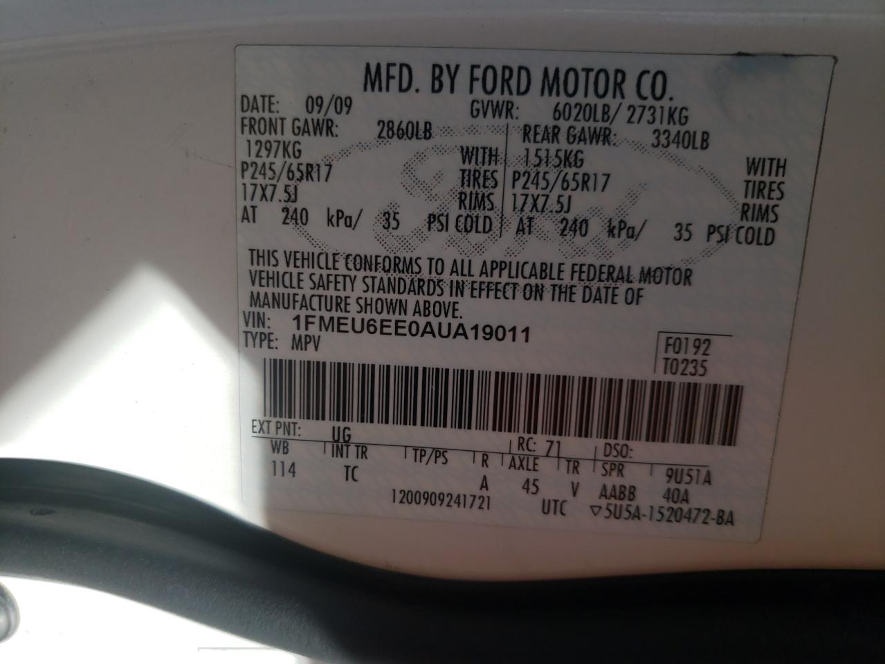 Photo 10 from auction – 2010 FORD EXPLORER E with VIN 1FMEU6EE0AUA19011