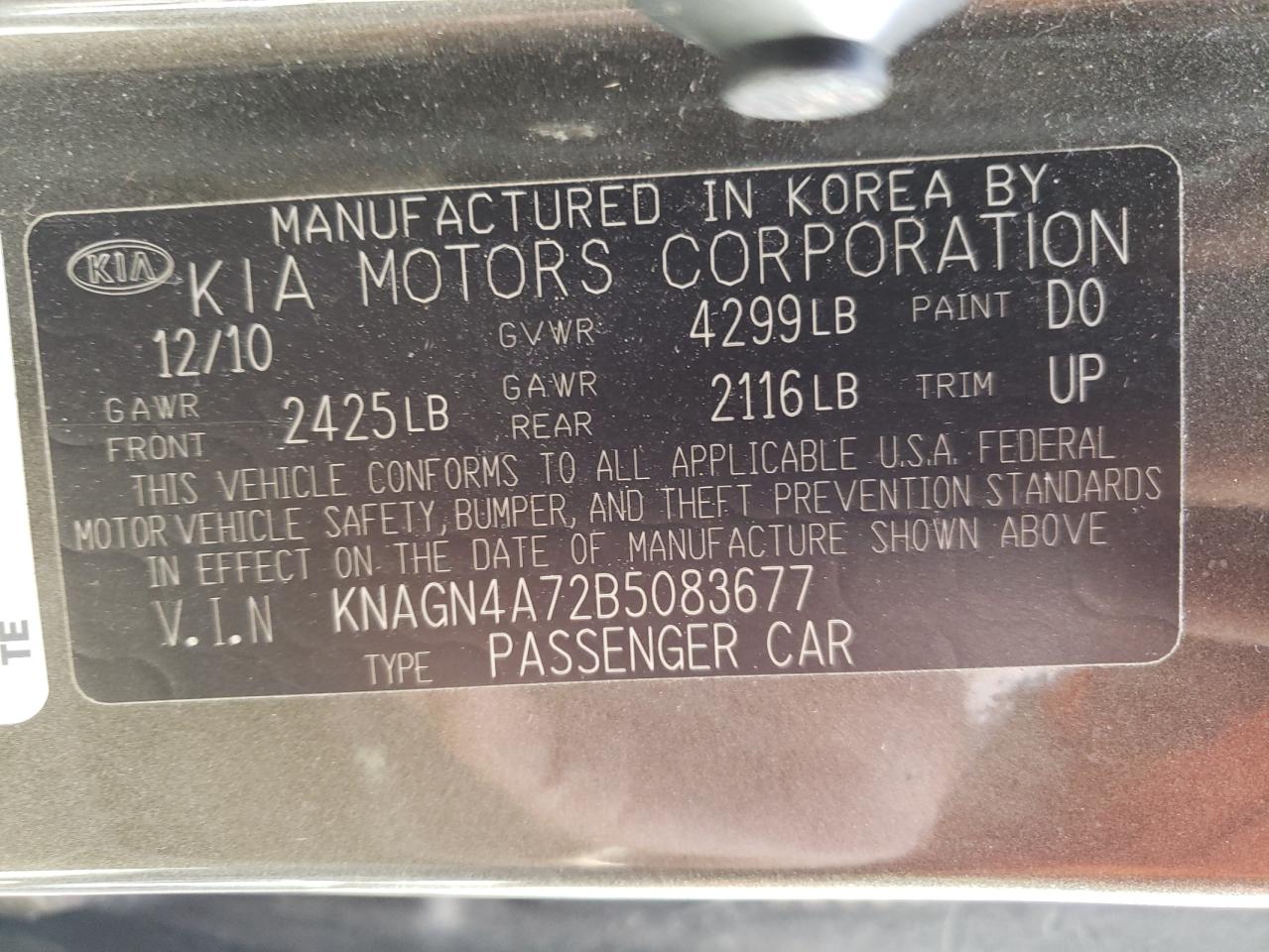 Photo 10 from auction – 2011 KIA OPTIMA EX with VIN KNAGN4A72B5083677