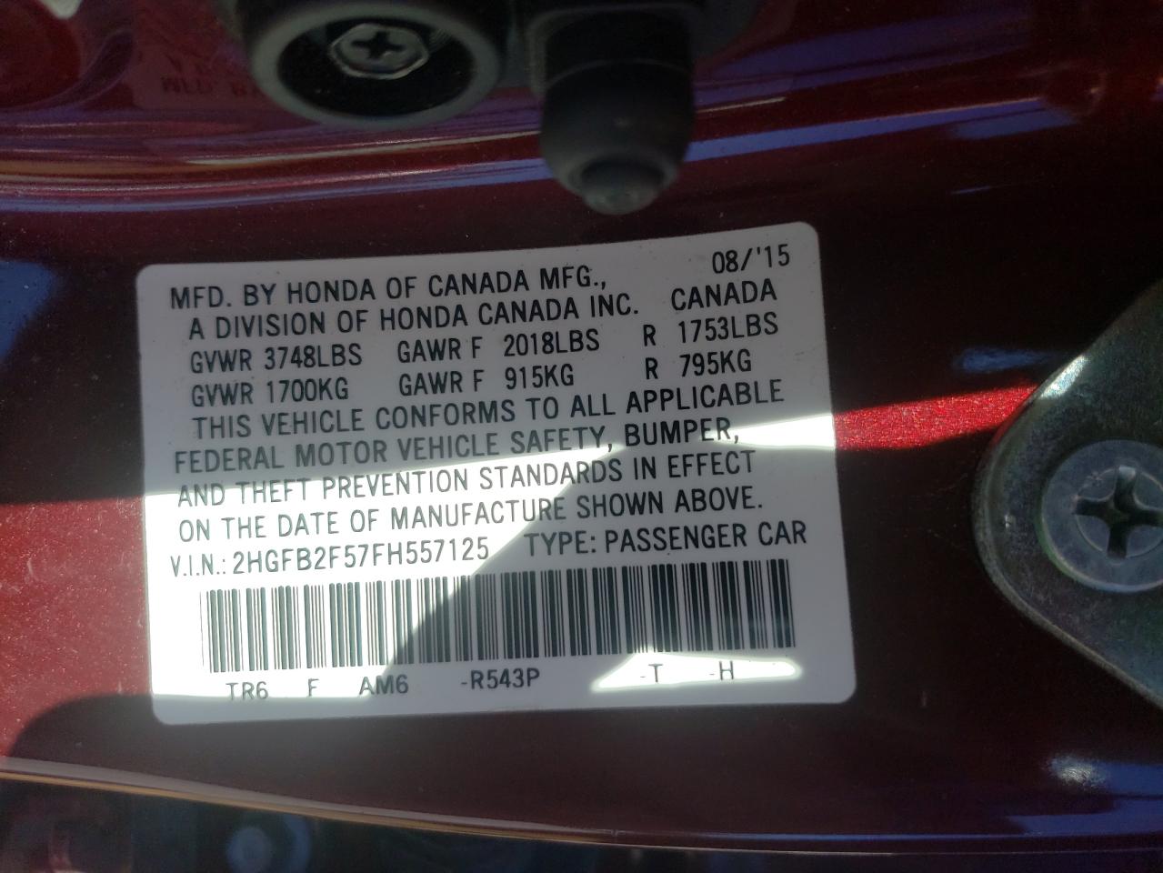 Photo 10 from auction – 2015 HONDA CIVIC LX with VIN 2HGFB2F57FH557125