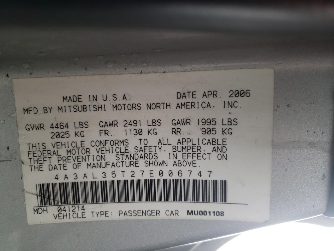 Photo 10 from auction – 2007 MITSUBISHI ECLIPSE SP with VIN 4A3AL35T27E006747
