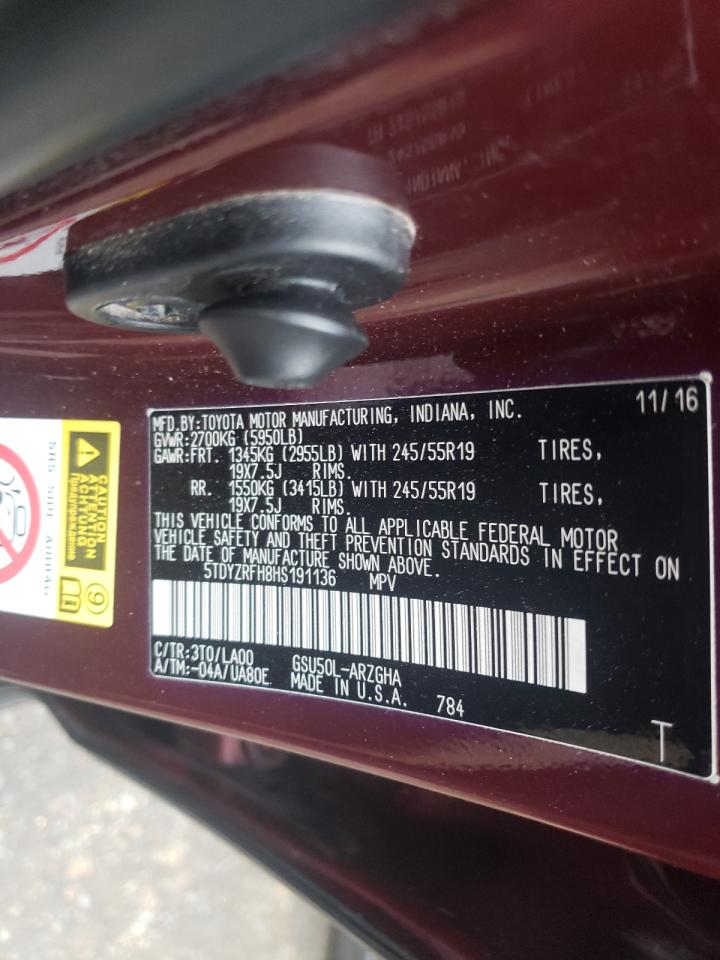 Photo 10 from auction – 2017 TOYOTA HIGHLANDER with VIN 5TDYZRFH8HS191136