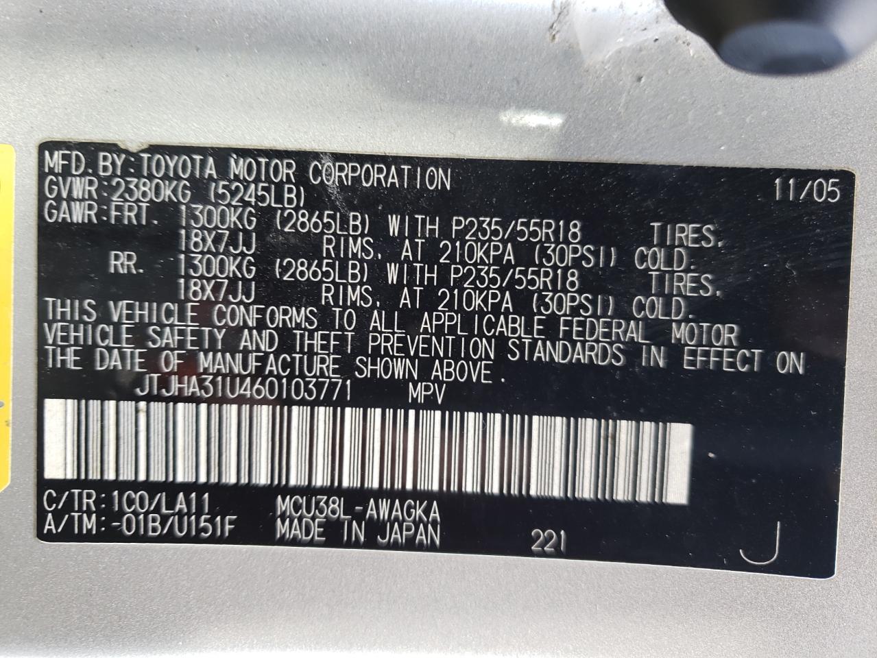 Photo 10 from auction – 2006 LEXUS RX 330 with VIN JTJHA31U460103771