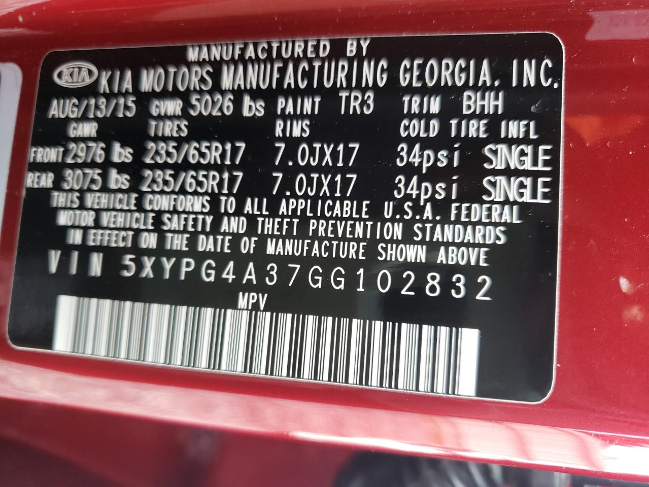 Photo 10 from auction – 2016 KIA SORENTO LX with VIN 5XYPG4A37GG102832