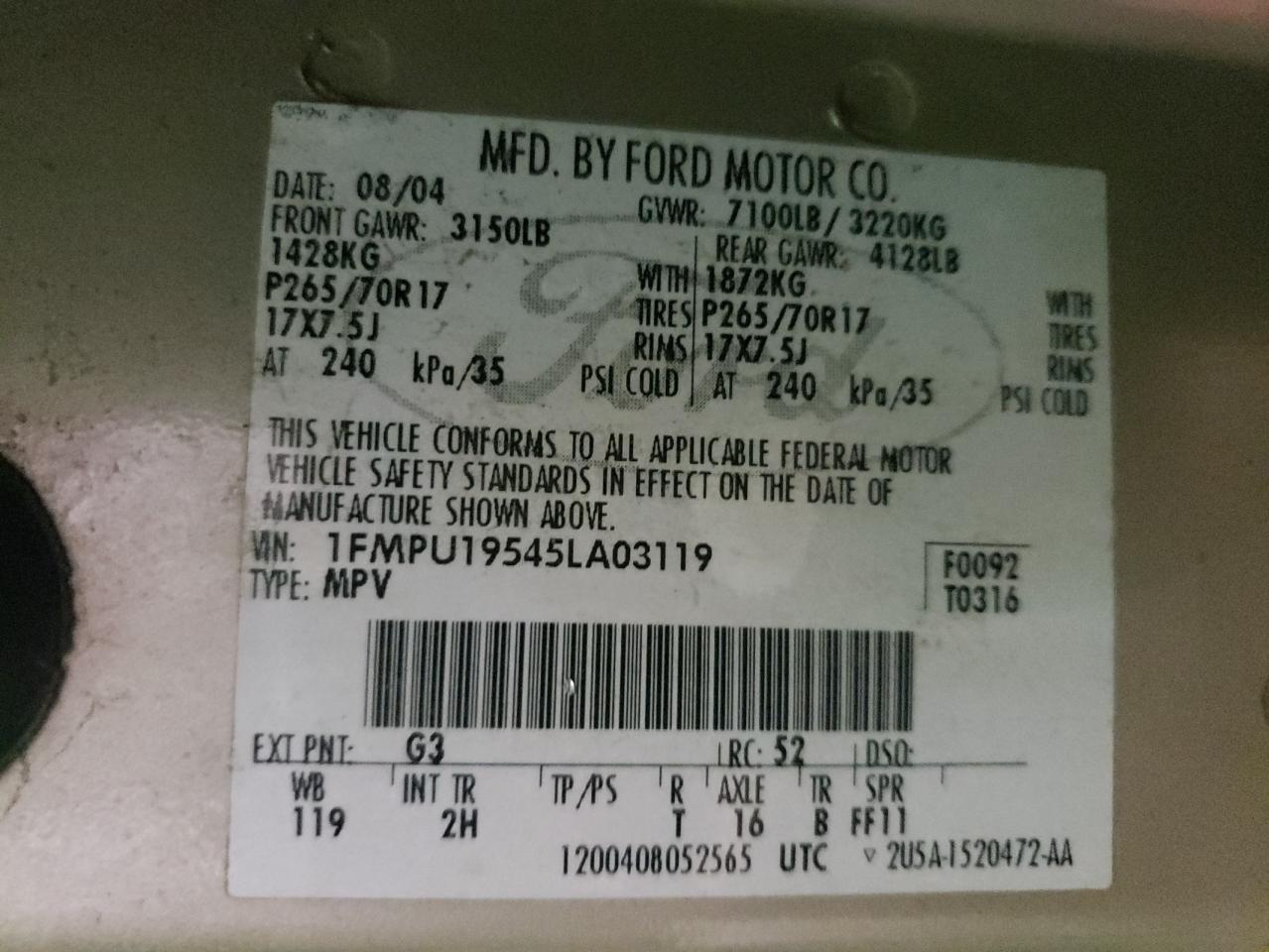 Photo 20 from auction – 2005 FORD EXPEDITION with VIN 1FMPU19545LA03119
