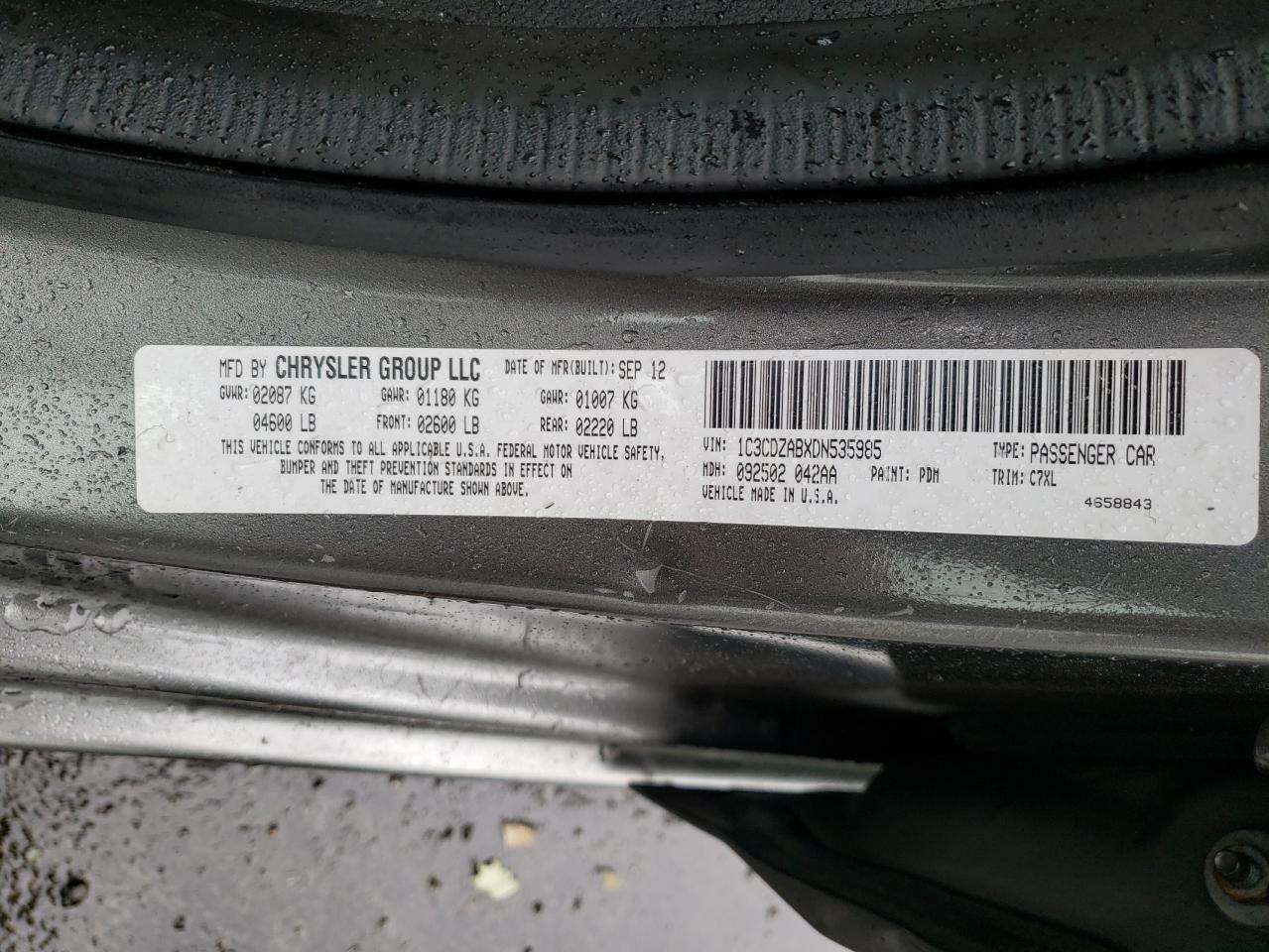 Photo 10 from auction – 2013 DODGE AVENGER SE with VIN 1C3CDZABXDN535985