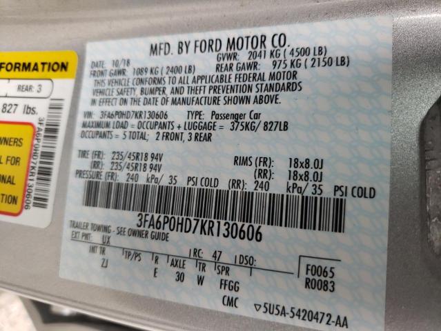 Photo 10 from auction – 2019 FORD FUSION SE with VIN 3FA6P0HD7KR130606