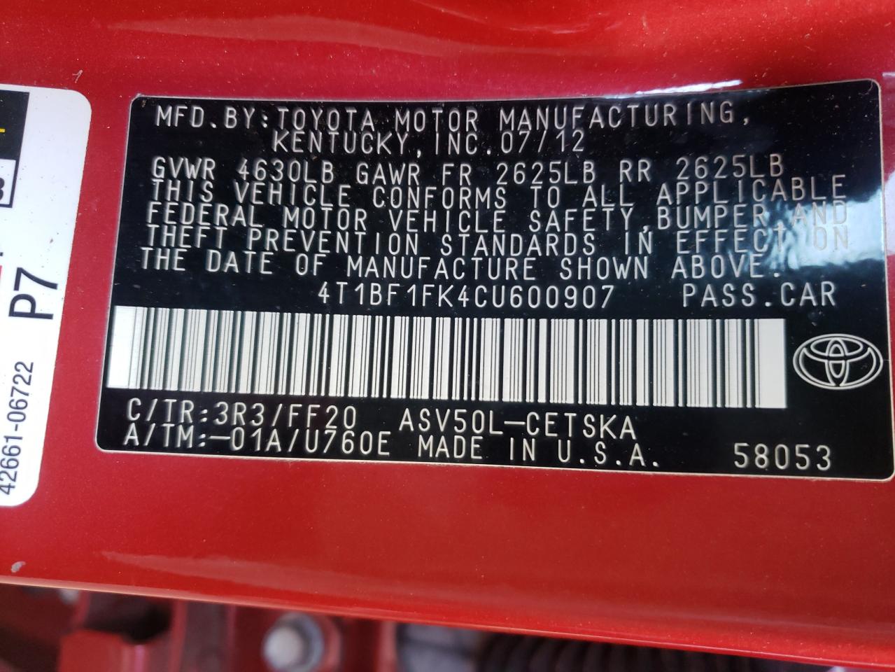Foto 10 de la subasta – 2012 TOYOTA CAMRY BASE con VIN 4T1BF1FK4CU600907