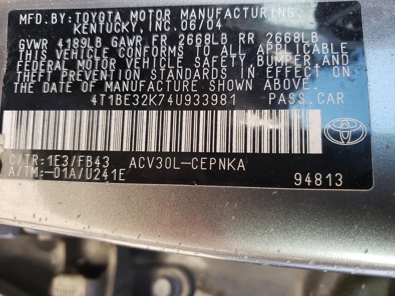Photo 10 from auction – 2004 TOYOTA CAMRY LE with VIN 4T1BE32K74U933981