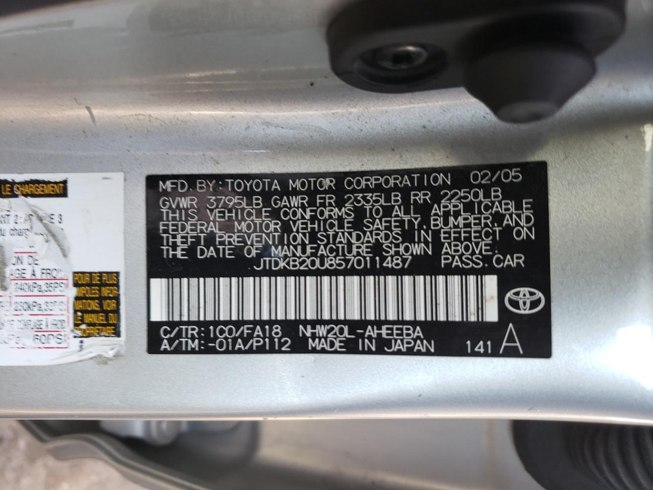 Photo 10 from auction – 2005 TOYOTA PRIUS with VIN JTDKB20U857011487