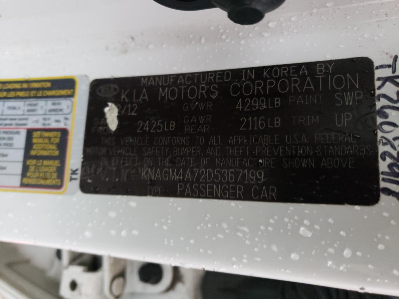 Photo 10 from auction – 2013 KIA OPTIMA LX with VIN KNAGM4A72D5367199