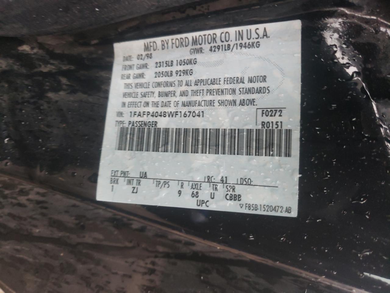 Photo 10 from auction – 1998 FORD MUSTANG with VIN 1FAFP4048WF167041