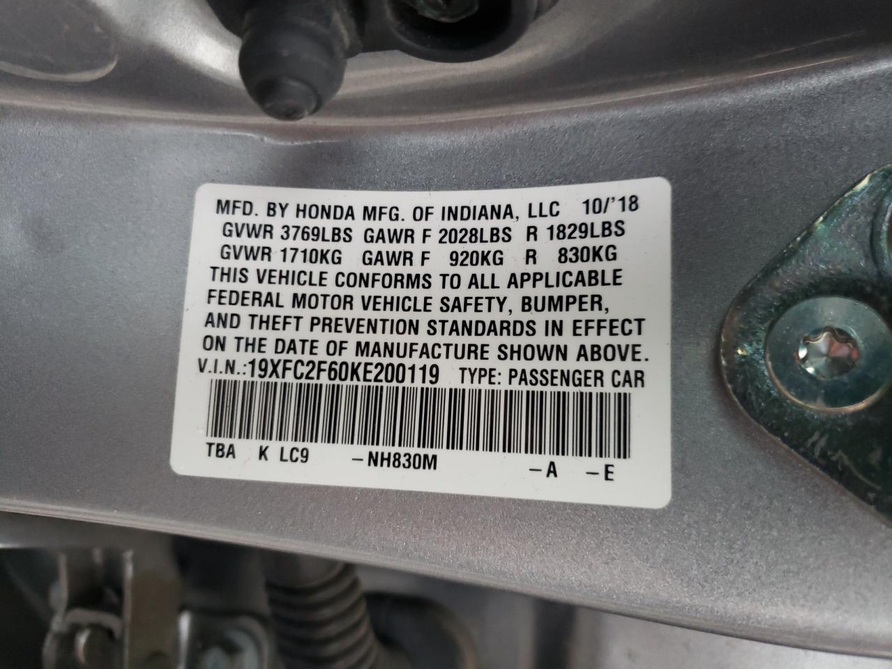 Photo 10 from auction – 2019 HONDA CIVIC LX with VIN 19XFC2F60KE200119